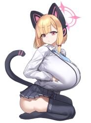 1girls alternate_breast_size blonde_hair blue_archive breasts cat_ear_headphones clothed collared_shirt gya_rb halo headphones huge_breasts momoi_(blue_archive) pink_eyes shirt sitting skirt solo thighhighs thighs