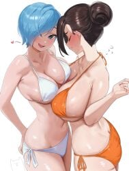 2girls ? ass bikini black_hair blue_eyes blue_hair blush breast_press breasts brown_hair bulma_(dragon_ball) chichi_(dragon_ball) cleavage closed_eyes collarbone cowboy_shot eighth_note flying_sweatdrops hair_bun hair_over_one_eye hand_on_hip large_breasts multiple_girls musical_note navel open_mouth orange_bikini short_hair side-tie_bikini simple_background smile standing string_bikini striped striped_background swimsuit tagme white_background white_bikini yuri