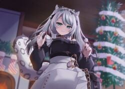 animal_ears black_sky braided_sidelocks cake cheek_rest copyright_request cross-laced_clothes cross-laced_sleeves dessert food freedomman_hero frilled_straps fuzzy_clothes grey_nails grey_tail hinamori_anthea holding holding_saucer indie indie_virtual_youtuber leopard_ears leopard_tail maid nata_(tool) red_pupils saucer sky snow_leopard_tail strawberry_shortcake tail teapot virtual wallpaper_(object) youtuber