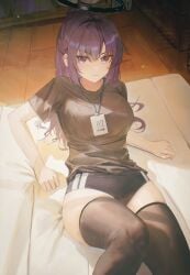 absolute_territory angry bewitching_thighs blue_archive flippy_(ypqilf) gym_shirt gym_shorts gym_uniform kneesocks purple_hair sportswear submissive submissive_female thighhighs thighs yuuka_(blue_archive) yuuka_(gym_uniform)_(blue_archive)