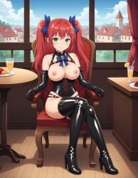 ai_generated bangs bare_shoulders black_corset black_footwear black_gloves black_legwear black_thighhighs blue_bow blush bondage_outfit boots bow bowtie breastless_clothes breasts chair cleavage closed_mouth clothing corset cup day drinking_glass elbow_gloves female female food footwear fruit gloves green_eyes hair_between_eyes hair_ornament hair_ribbon hairbow high_heel_boots high_heels hiiragi_takane indoors large_breasts latex_gloves legwear long_hair looking_at_viewer nee_chanto_shiyou_yo nipples o-ring panties plate ponytail red_hair ribbon shoes sitting sky smile solo table thigh_boots thighhighs thighs twintails underwear window wooden_floor