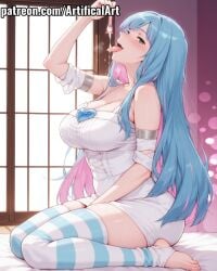 1girls ai_generated artifical_art bed blue_hair condom cum_drip dress kneeling panty_&_stocking_with_garterbelt pink_hair solo stocking_anarchy striped_legwear striped_thighhighs