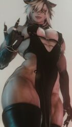 1boy animal_ears bara bara_tiddies bara_tits barazoku big_pecs bitch_bara cat_ears catboy child_bearing_hips femboy feminine_male gay muscular_male nipples pecs pectorals seclorum_(artist) white_hair yaoi