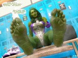 3d 3d_(artwork) 3d_model after_workout artist_name bare_feet earlpedibus english english_text feet feet_up female femdom fingerless_gloves foot_fetish foot_focus footwear gloves green_eyes green_hair green_lipstick green_skin jennifer_walters leotard locker_room marvel marvel_comics patreon_logo pov she-hulk shiny shiny_feet shiny_skin smell soles steam steaming_body steaming_feet stinky sweat text twitter_logo