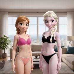 2girls ai_generated anna_(frozen) brunette_hair disney elsa_(frozen) female female_focus female_only frozen frozen_2 looking_at_viewer panties petite petite_body petite_female petite_girl princess sisters small_breasts standing thong underwear underwear_only white_hair