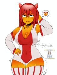 artist_name artist_signature big_breasts big_thighs cleavage clothed clothing collar curvaceous curvy curvy_body curvy_female curvy_figure curvy_hips curvy_thighs demon devil devil_emoji devil_girl devil_horns devil_tail diddybluud67 emoji evil_eyes evil_smile half-closed_eyes necklace nipples nipples_visible_through_clothing ombre_colors ombre_hair red_hair samsung scratching scratching_head thick_legs thick_thighs watermark yellow_body yellow_skin