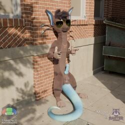 3_toes 3d_(artwork) 4_fingers absurd_res against_surface against_wall animal_genitalia anthro anus arthropod balls barbel_(anatomy) blender_(artwork) blue_penis blue_tail claws countershading digital_media_(artwork) dragon dumpster english_text erection eyewear eyewear_on_head feet finger_gun fingers flitta flye fur genitals gesture gloves_(marking) hair hand_gesture hi_res hybrid insects kangaroo looking_at_viewer macropod male mammal markings marsupial mouth_closed mythological_creature mythological_scalie mythology nude outside pawpads penis pink_pawpads purple_body purple_fur rasterraccoon scales scalie smile solo spiky_hair sunglasses sunglasses_on_head tail text thick_tail toes watermark yellow_eyes