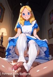 1boy 1girls ai_generated alice_in_wonderland_(1951_film) alice_liddell apron artist_name belliora blonde_hair blue_dress blue_eyes blush clothed_female_nude_male clothes_lift cum cum_on_body disney dress dress_lift ejaculation feet female footjob gloves grin hairbow indoors long_hair looking_at_viewer no_shoes nude panties patreon penis puffy_sleeves short_sleeves smile solo_focus straight testicles thighhighs two-footed_footjob uncensored underwear web_address white_gloves white_panties