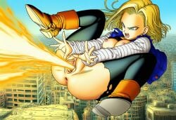 ai_generated alternate_version_available android_18 artist_request beam breasts_out dragon_ball dragon_ball_z energy_beam fireball firing_weapon flying legs_apart ruined_city screaming special_attack torn_clothes torn_clothing vagina