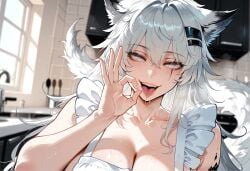 ai_generated apron arknights fellatio_gesture lappland_(arknights) looking_at_viewer miyuai musk musk_clouds open_mouth scar scar_on_face sexually_suggestive solo solo_focus suggestive sweat sweatdrop sweaty tongue tongue_out white_hair wolf_ears wolf_girl