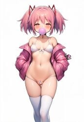 ai_generated artist_logo belly_button bubble_gum choker hair_ribbon hi_res jacket jacket_open madoka_kaname madoka_worship magical_girl mahou_shoujo_madoka_magica medium_breasts micro_bikini petite petite_body petite_female pink_eyes pink_hair puella_magi_madoka_magica red_ribbon ribbon ribbons simple_background soul_gem thick_thighs thighhighs twintails white_background