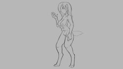 16:9 2018 anthro breasts canid canine canis digitigrade domestic_dog female grey_background hair implied_transformation mammal monochrome multi_breast nipples nude pawpads pussy simple_background solo standing surprise tail transformation watsup