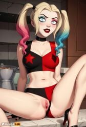 1girls ai_generated anus artist_name bikini_bottom_aside blonde_hair blue_eyes blue_hair breasts choker cleavage clothing_aside collarbone crop_top dc dc_comics eyeshadow fingerless_gloves gloves gradient_hair harley_quinn harley_quinn_(series) hi_res high_heels lipstick long_hair looking_at_viewer makeup medium_breasts multicolored_clothes multicolored_hair nail_polish navel panties_aside pink_hair pussy red_lips rule34lab sitting solo spread_legs swimsuit twintails uncensored underwear