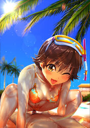 1boy 1boy1girl 1girls :3 absurdres bangs beach bikini bikini_aside blue_sky blurry blurry_background blush breasts brown_eyes brown_hair clothed_female_nude_male clothed_sex collarbone commentary_request covered_nipples cowgirl_position day erection eyebrows_visible_through_hair eyewear_on_head female female_focus goggles happy_sex highres hispanic_male honda_mio idolmaster idolmaster_cinderella_girls jewelry kilesha kirewisha latino_male long_hair lying male male_pubic_hair medium_breasts navel necklace nude on_back one_eye_closed open_mouth orange_bikini palm_tree penis pubic_hair sex shiny shiny_hair shiny_skin short_hair sky snorkel solo_focus spread_legs squatting straight swimsuit tongue tongue_out tree vaginal_penetration water wet