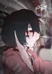 absurd_res after_oral anthro black_hair bodily_fluids clothed clothing cum cum_on_face english_text femboy genital_fluids genitals hair heart_symbol hi_res lagomorph leporid male mammal piercing rabbit red_eyes sex silviaxrk solo text white_body