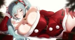 belt big_breasts blue_hair blush breasts breasts_bigger_than_head candy_cane christmas christmas_outfit cleavage deep_cleavage dotthebot hatsune_miku huge_breasts large_breasts massive_breasts oo_ee_oo thick thick_hips thick_thighs tongue tongue_out twintails vocaloid