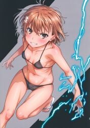 1girls 2020s 2024 absurd_res ass_visible_through_thighs bare_legs bikini black_bikini blush breasts brown_eyes brown_hair cleft_of_venus electricity electrokinesis female flower gluteal_fold hair_flower hair_ornament hi_res hips isshi_pyuma looking_at_viewer matching_hair/eyes misaka_mikoto navel parted_lips ribs sandals scan short_hair simple_background small_breasts smirk solo standing standing_on_one_leg stomach swimsuit teenage_girl teenage_tits teenager teeth to_aru_kagaku_no_railgun to_aru_majutsu_no_index toes young young_female