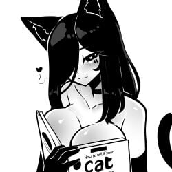 black_hair book book_covering_breasts breasts breasts cat_ears cat_tail catgirl collarbone greyscale long_gloves tekona topless