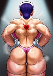 1girls ass back_tattoo ball_earrings gloves hair_bun heart_tattoo leotard mama_(punch_punch_forever!) muscular_back muscular_female punch_punch_forever! purple_hair solo sotcho sweat thick_thighs white_gloves