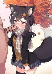 1boy animal_ears bar_censor black_hair black_jacket black_thighhighs blue_skirt bow bowtie breasts brown_eyes brown_sweater censored commission cum cum_in_mouth cum_on_body cum_overflow diagonal-striped_bow diagonal-striped_bowtie diagonal-striped_clothes facial fellatio female grey_scarf hair_ornament hairclip highres jacket large_variant_set layered_sleeves leaf_hair_ornament long_sleeves male_pubic_hair medium_hair miniskirt oral original penis plaid_clothes plaid_scarf plaid_skirt pleated_skirt pubic_hair red_bow red_bowtie scarf skeb_commission skirt small_breasts straight striped_clothes sweater tail testicles thighhighs variant_set wodaex wolf_ears wolf_girl wolf_tail