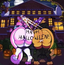 absurd_res anthro ass atomic_wedgie balls_outline big_butt biped body_writing bulge camel_toe clothing detailed_bulge dragon duo felid feline female genital_outline halloween hi_res holidays huge_butt humiliation legwear male male/female mammal marmotap mythological_creature mythological_scalie mythology panties print_clothing print_panties print_underwear purple_clothing purple_panties purple_underwear scalie stockings underwear wedgie white_clothing white_panties white_underwear