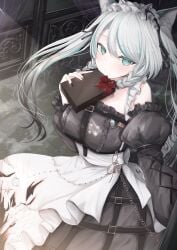 animal_ears black_sky braided_sidelocks cake cheek_rest cross-laced_clothes cross-laced_sleeves dessert female food frilled_straps fuzzy_clothes grey_nails grey_tail highres hinamori_anthea holding holding_saucer indie indie_virtual_youtuber kurage_cc leopard_ears leopard_tail maid nata_(tool) red_pupils saucer sky snow_leopard_tail strawberry_shortcake tail teapot valentine virtual virtual_youtuber wallpaper_(object) youtuber