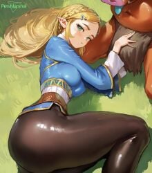 1girls :i ai_generated bokoblin female grabbing_penis high-waist_pants huge_ass lying_on_side marshalperv pervmarshal princess_zelda shiny_skin solo_female zelda_(breath_of_the_wild) zelda_(tears_of_the_kingdom)