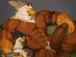 4:3 abs accipitrid accipitriform anthro arm_tattoo avian bald_eagle balls barazoku beak big_balls big_muscles big_penis bird bodily_fluids duo eagle erection eyewear eyewear_on_head eyewear_only genital_fluids genitals hi_res huge_cock humanoid_genitalia humanoid_penis looking_at_genitalia looking_at_penis male male/male mixterart muscular muscular_anthro muscular_male nude nude_male pecs penis precum sea_eagle sunglasses sunglasses_on_head sunglasses_only tattoo thick_penis vein veiny_muscles veiny_penis