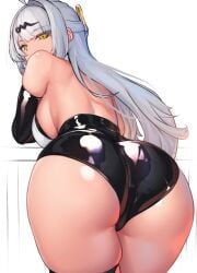 1girls ass big_ass breasts bubble_butt clothing dat_ass fat_ass female female_only huge_ass large_ass leaning_forward long_hair looking_at_viewer looking_back nichesnake solo thick_ass thick_thighs white_background white_hair wide_hips yellow_eyes yixuan_(zenless_zone_zero) zenless_zone_zero