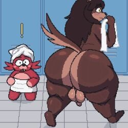 ambiguous_gender anthro balls blush canid canine digital_media_(artwork) duo five_nights_at_freddy's fox foxy_(fnaf) genitals hi_res locker_room lucas_(sssonic2) male mammal pixel_(artwork) plushie scottgames ssspankeer towel