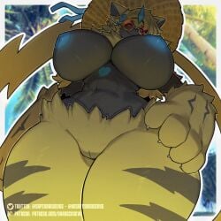 1:1 anthro areola big_breasts blonde_hair blue_areola blue_nipples blue_pussy breasts claws clothing eyewear felid female fur generation_7_pokemon genitals glasses hair hand_on_hip hat hat_only headgear headgear_only headwear headwear_only hi_res huge_breasts legendary_pokemon looking_at_viewer looking_down looking_down_at_viewer mammal mostly_nude nintendo nipples orangedog pokemon pokemon_(species) pussy smile solo sun_hat tail under_boob wearing_glasses yellow_body yellow_fur zeraora