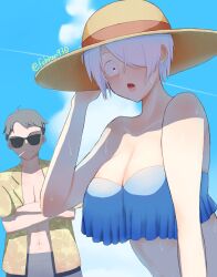 1boy 1girls alternate_costume beach big_breasts bikini blue_bikini blush cleavage februn02 female female_focus gegege_no_kitarou genderswap_(mtf) hair_over_one_eye hat kitarou_tanjou_gegege_no_nazo looking_at_viewer male medama_oyaji_(human) mizuki_(gegege_no_kitarou) outdoors pale-skinned_female pale_skin rule_63 short_hair strapless strapless_bikini sun_hat sweat white_hair