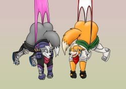 absurd_res anthro ass big_butt boots bottomwear bottomwear_down canid canine canis clothed clothing duo eye_contact footwear fox fox_mccloud fur grey_body grey_fur hi_res jacket looking_at_another male mammal nintendo orange_body orange_fur pants pants_down partially_clothed serafim6394 shoes star_fox topwear underwear wedgie wolf wolf_o'donnell