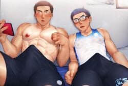 2boys abs areolae_visible_through_clothing armpit_hair bara bed bedroom beefy biceps big_areola big_breasts big_bulge big_nipples blue_eyes blue_hair blush breasts brown_eyes brown_hair bulge bulge_through_clothing cellphone collarbone duo erect_nipples erection erection_under_clothes gay glasses hi_res holding_object holding_phone huge_areolae huge_nipples hunk indoors konpenpen male male/male male_breasts male_only masturbation mature_male mole mole_on_breast muscles muscular muscular_arms muscular_male nipples_visible_through_clothing open_legs oppai original original_character pecs pinching_nipples short_hair shorts sitting six_pack size_difference smartphone sweat sweatdrop tan tan_body tanktop tanline thick_eyebrows topless track_suit translucent_clothing watching_porn wet_clothes yaoi