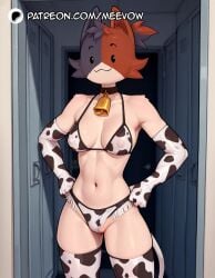 1girls :3 ai_generated animal_ears animal_print artist_name bell bikini breasts cameltoe cate_meowdy_(fortnite) covered_nipples cow_print cow_print_bikini cowbell elbow_gloves female fortnite furry furry_female gloves hands_on_own_hips indoors locker locker_room looking_at_viewer medium_breasts meevow navel neck_bell patreon_logo patreon_username print_bikini print_gloves print_thighhighs solo standing swimsuit tail thighhighs web_address white_bikini