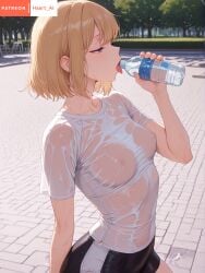 ai_generated bike_shorts blonde_hair cha_hae_in haart_ai purple_eyes short_hair small_breasts solo_leveling sportswear
