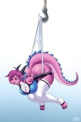 anthro ass big_ass breasts butt_cleavage cleavage clothed clothing dlovolb dragon female hanging_wedgie hi_res holding_ass huge_ass huge_thighs legwear mythological_creature mythological_scalie mythology pink_body pink_hair scalie solo thick_thighs wedgie white_clothing white_legwear