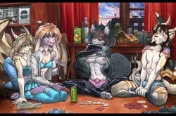 3girls abs animal_ears black_hair blue_eyes bottle bra breasts brown_hair controller fox_tail furry horns indoors large_breasts letterboxed lingerie long_hair looking_at_viewer medium_breasts mouth_hold multicolored_hair multiple_girls muscle muscular_female navel nipples nude orange_eyes panties pants playing_games red_eyes red_hair short_hair sitting sky smile streaked_hair tail topless two-tone_hair underwear window yellow_eyes