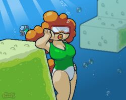 anthro big_breasts big_lips blurp blurp_girl_(okami_tomato) bubble bubbles fish ginger ginger_hair goggles green_swimsuit mario_(series) obscured_eyes okami_tomato orange_lips orange_lipstick super_mario_world swimsuit tail underwater water watermark