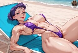 ai_generated beach big_breasts female laying_on_back mama_(punch_punch_forever!) mama_matsumoto muscular muscular_female punch_punch_forever! slingshot_swimsuit solo thick_thighs toned_female wide_hips yo0001