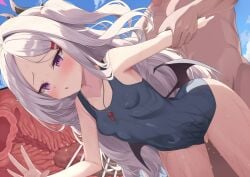 1boy blue_archive blush breasts censored cross_section female fujieda_uzuki hina_(blue_archive) hina_(swimsuit)_(blue_archive) horns long_hair one-piece_swimsuit penis purple_eyes school_swimsuit sex sex_from_behind small_breasts straight swimsuit vaginal_penetration whistle whistle_around_neck white_hair wings