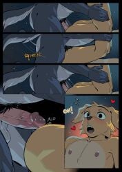 anthro beastars biped blush canid canine canis domestic_dog duo erection genitals hemuchang hi_res humanoid_genitalia humanoid_penis jack_(beastars) legoshi_(beastars) male male/male mammal muscular muscular_anthro muscular_male nude_anthro nude_male penis slim_anthro slim_male wolf