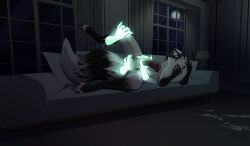 anhel_de_lone animal_genitalia animal_penis anthro ball_grab balls black_nose bodily_fluids canid canine canis cum cum_on_ground digital_media_(artwork) disembodied_hand equine_genitalia equine_penis erection flared_penis fox fur furniture gek4ta genital_fluids genitals ghost_hand glowing hair heterochromia hi_res holding_object hybrid_genitalia hybrid_penis inside knot knotted_equine_penis knotted_penis leg_grab long_hair lying male mammal masturbation moon multicolored_hair nude on_side on_sofa penis pillow pillow_grab pink_penis pink_tongue raised_leg sofa solo tail tongue white_body white_fur window window_curtains