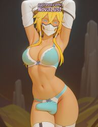 1futa 2025 ai_generated arms_up artist_name big_breasts bleach blonde_hair blue_eyes bra bulge cock detached_sleeves dick erection futanari hi_res high_quality high_resolution highres lingerie looking_at_viewer mask mouth_mask mouth_veil multiple_boys navel novalust otoko_no_ko patreon patreon_link patreon_username penis penis_under_panties stable_diffusion surgical_mask tan-skinned_futa tan_body tanned_futa testicles thighhighs tia_harribel underwear veil watermark