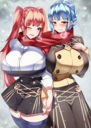 2girls alternate_breast_size blue_hair blush braid breasts brown_eyes buttons crown_braid double-breasted female female_focus fire_emblem fire_emblem:_three_houses garreg_mach_monastery_uniform highres hilda_valentine_goneril holding_hands huge_breasts long_hair marianne_von_edmund medium_hair multiple_girls nintendo one_eye_closed pink_eyes pink_hair scarf shared_clothes shared_scarf snow snowing thighhighs tiamat_(momokuri_mannen) twintails wink yuri zettai_ryouiki