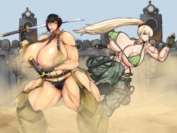 2025 2girls alternate_breast_size battle biceps big_ass big_breasts big_butt black_gloves black_hair blonde_hair breasts_bigger_than_head combat_boots dragunov_(metal_slug) eye_contact female female_focus fingerless_gloves green_bra guerrilla_soldier_(metal_slug_5) hi_res high_resolution highres huge_ass huge_breasts jin_(metal_slug) katana light-skinned_female metal_slug metal_slug_attack multiple_boys muscles nipples nipples_visible_through_clothing no_bra no_shirt one_eye_closed ponytail puffy_nipples snk special_forces_(metal_slug_5) sword thick_thighs thighhighs thighs