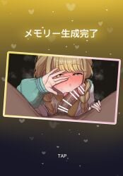 anonattsu bar_censor blonde_hair blush braid brown_eyes censored clothed_female_nude_male erection fellatio female fujita_kotone gakuen_idolmaster happy_sex heart heart-shaped_pupils highres idolmaster licking licking_penis long_sleeves looking_at_viewer nose_blush nude oral penis pov pov_crotch pubic_hair solo_focus straight sweat symbol-shaped_pupils tongue translation_request twin_braids veins veiny_penis