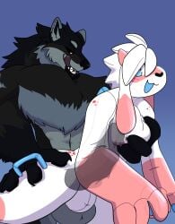 anal anal_sex animate_inanimate anthro anthro_on_anthro anthro_penetrated anthro_penetrating anthro_penetrating_anthro anthro_penetrating_male ass balls big_balls big_pecs big_penis black_body black_fur black_lips blue_background bovid bulge canid canine canis caprine chest_fur dominant dominant_anthro dominant_male duo femboy from_behind_position fur genitals goat grey_body grey_fur handles_on_thighs hi_res huge_cock hybrid inflatable knot knotted_penis licking licking_lips licking_own_lips lips living_inflatable male male/male male_penetrated male_penetrating male_penetrating_anthro male_penetrating_male mammal midnite_fsnax null null_bulge pecs penetration penile penile_penetration penis penis_in_ass pink_body rox_(midnite_fsnax) sex simple_background submissive submissive_anthro submissive_male thick_bottom_lip tongue tongue_out trans_(lore) trans_man_(lore) white_body wolf x-ray_view