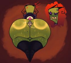 1girls alien alien_girl angry antennae_(anatomy) ass ass_bigger_than_head big_ass big_butt bottom_heavy bottomless bubble_butt clothing curvaceous curvy curvy_figure english_text female female_only hand_in_ass huge_ass invader_zim lazycumlol legwear low-angle_view mole mole_on_ass mole_on_thigh mole_under_eye mostly_nude nickelodeon onomatopoeia orange_background pubic_hair purple_eyes pussy solo solo_female stockings sweat sweaty sweaty_butt sweaty_thighs tak_(invader_zim) text thick_thighs voluptuous voluptuous_female wide_hips