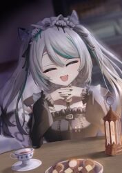 animal_ears black_sky braided_sidelocks cake cheek_rest copyright_request cross-laced_clothes cross-laced_sleeves dessert food frilled_straps fuzzy_clothes grey_nails grey_tail highres hinamori_anthea holding holding_saucer indie leopard_ears leopard_tail maid nata_(tool) non-web_source red_pupils saucer sky snow_leopard_tail strawberry_shortcake tail teapot virtual wallpaper_(object) youtuber